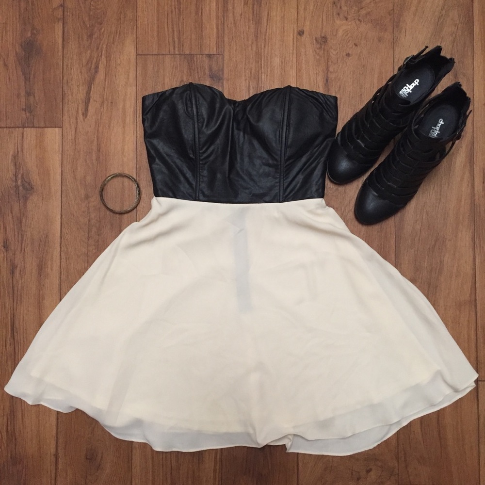 Boutique Strapless Faux Leather Black and Cream Dress, Size Small